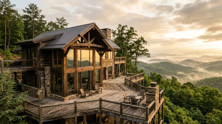 A timber-and-stone mountain home with grand floor-to-ceiling windows and an expansive wooden deck overlooking mist-shrouded green ridges