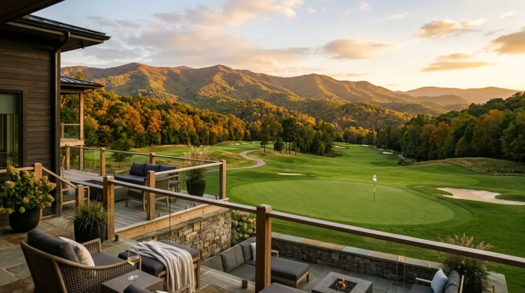 A pristine golf green framed by rolling hills, viewed from the backyard patio of a modern residential home