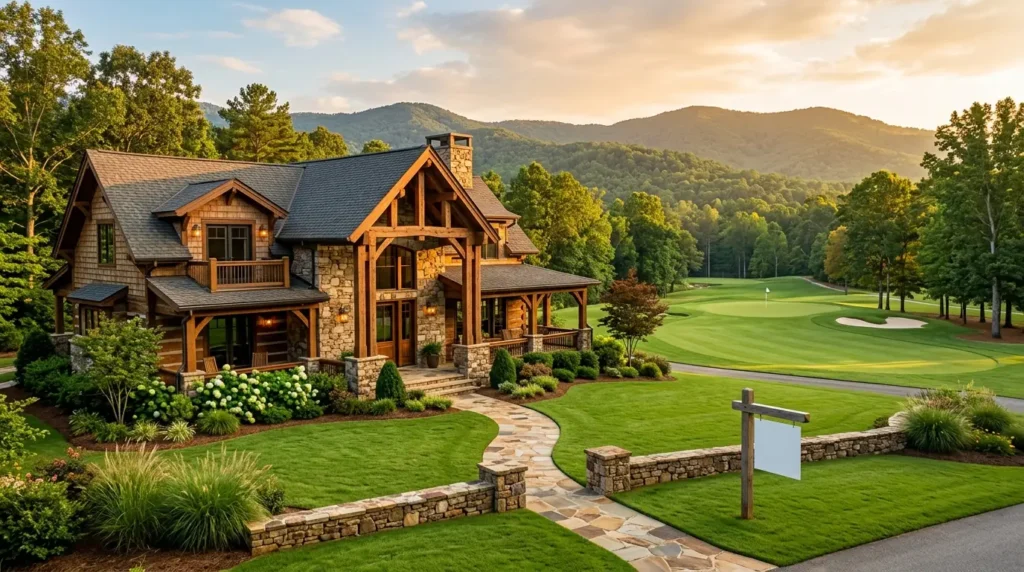 A sunlit luxury stone-and-timber home sitting beside a manicured golf fairway, featuring a generic real estate sign on the lush front lawn