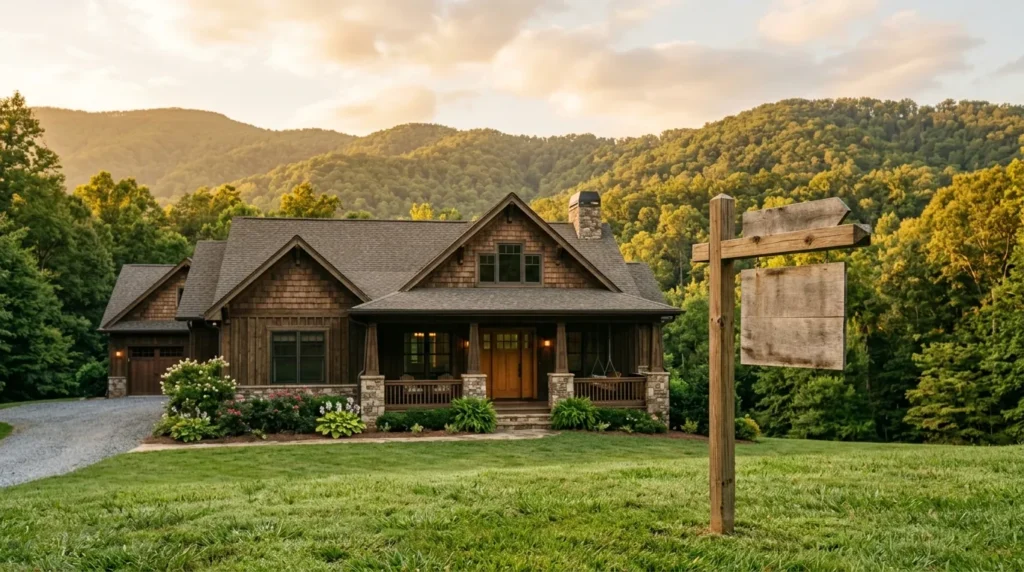 A wooden "For Sale" sign stands on a lush lawn in front of an elegant craftsman home framed by forested mountain hills