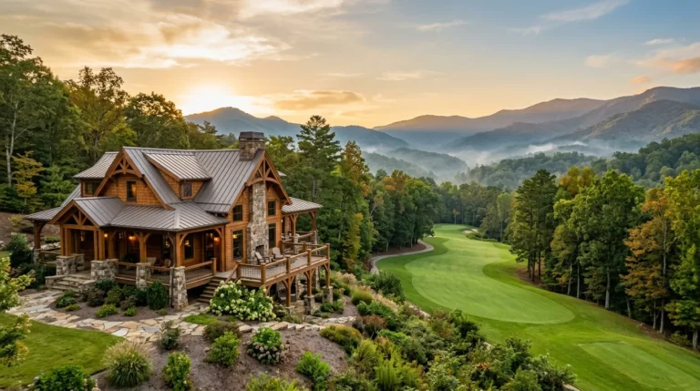 An elegant craftsman-style home with timber accents overlooks a manicured golf fairway framed by misty, tree-covered mountain ridges