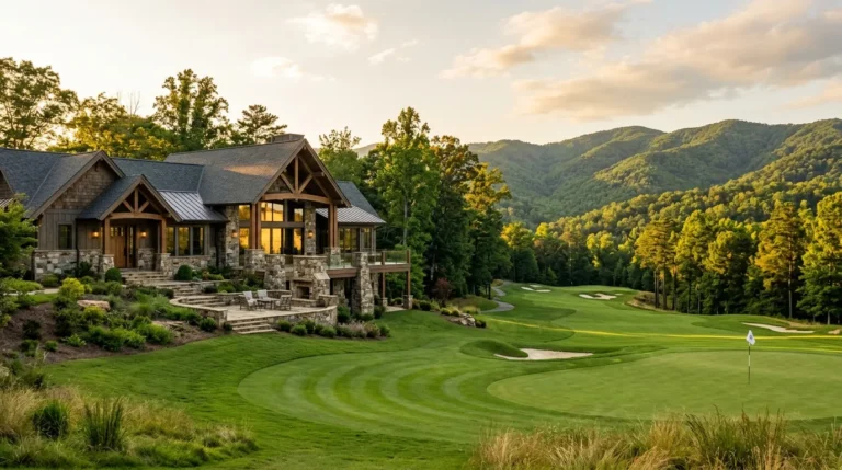 A modern craftsman home with stone accents overlooking a manicured golf course fairway, bathed in afternoon sunlight against a backdrop of forested hills