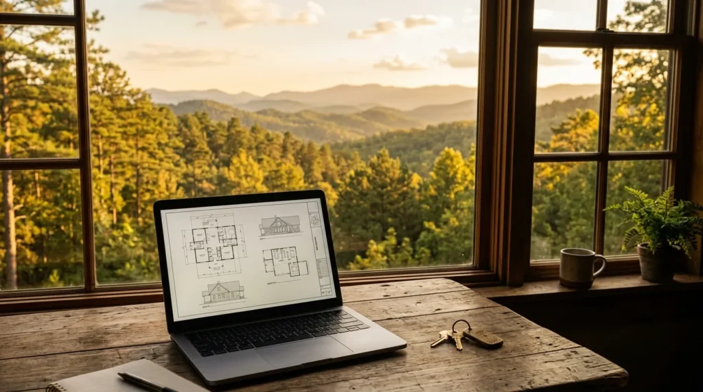 A laptop showing house blueprints sits on a table beside house keys, framed by a window overlooking a sunlit, pine-covered mountain landscape