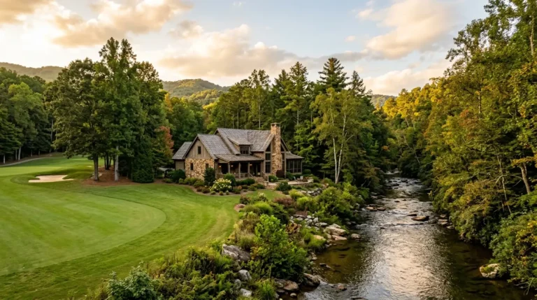 A picturesque home nestled between a lush, manicured golf fairway and a gently flowing river framed by towering trees