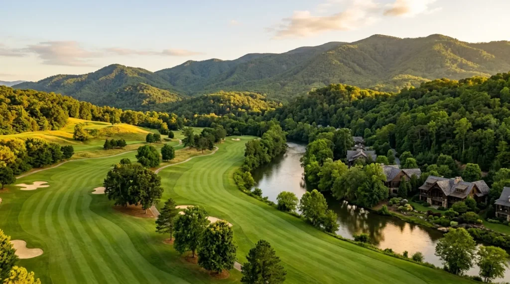 Rolling manicured fairways stretch toward forested mountain peaks, with a serene river and elegant craftsman-style homes bordering the lush green