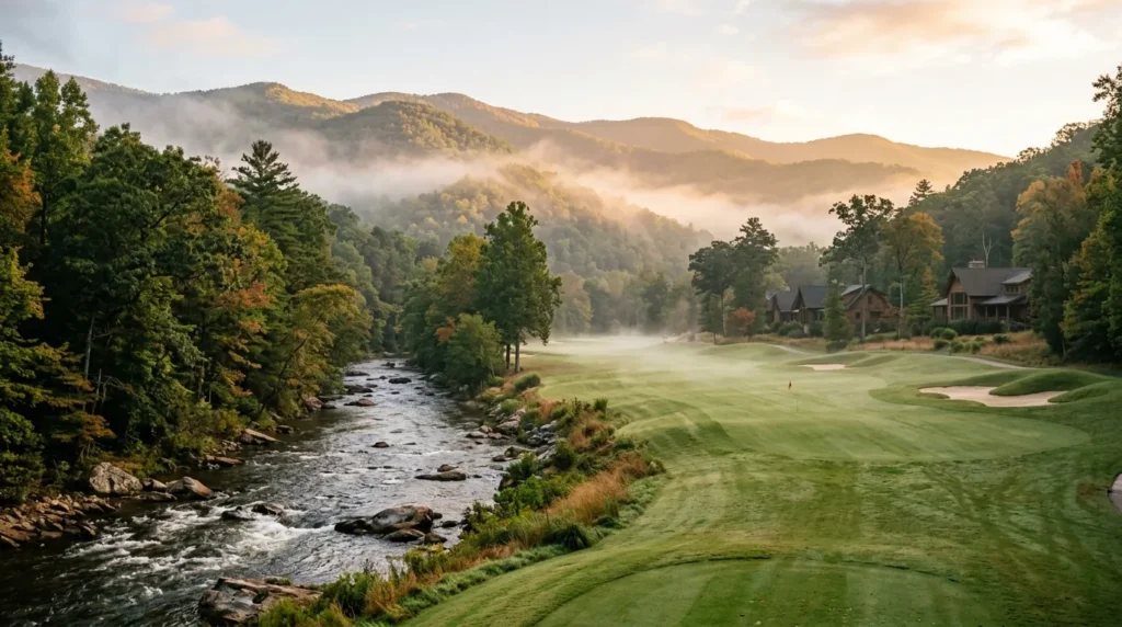 Morning mist rises over a manicured golf fairway beside a rushing river, framed by forested mountains and quiet timber-framed houses