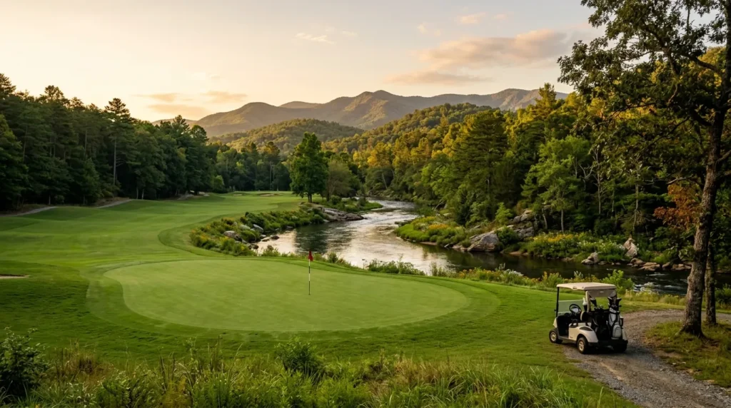 Manicured golf green beside a winding river, framed by rolling mountain foothills in warm morning light, with a vacant golf cart nearby