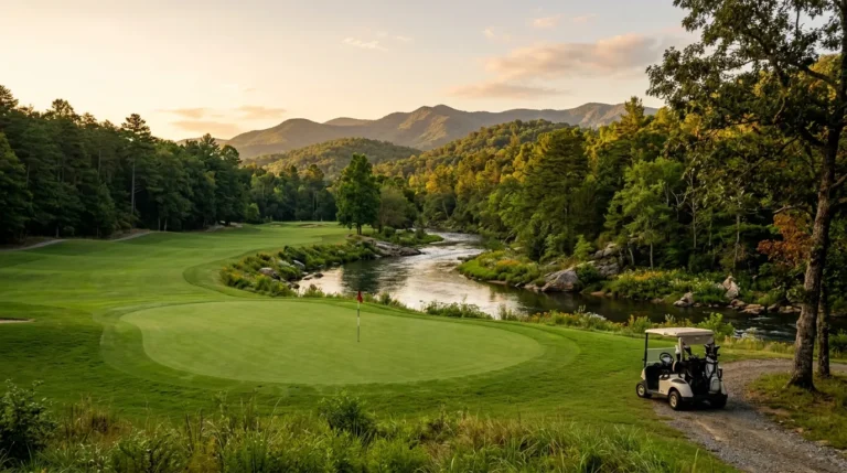 Manicured golf green beside a winding river, framed by rolling mountain foothills in warm morning light, with a vacant golf cart nearby