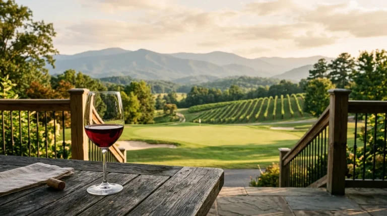 A glass of red wine rests on a wooden patio table framing a manicured golf green, rolling vineyard rows, and hazy mountain peaks