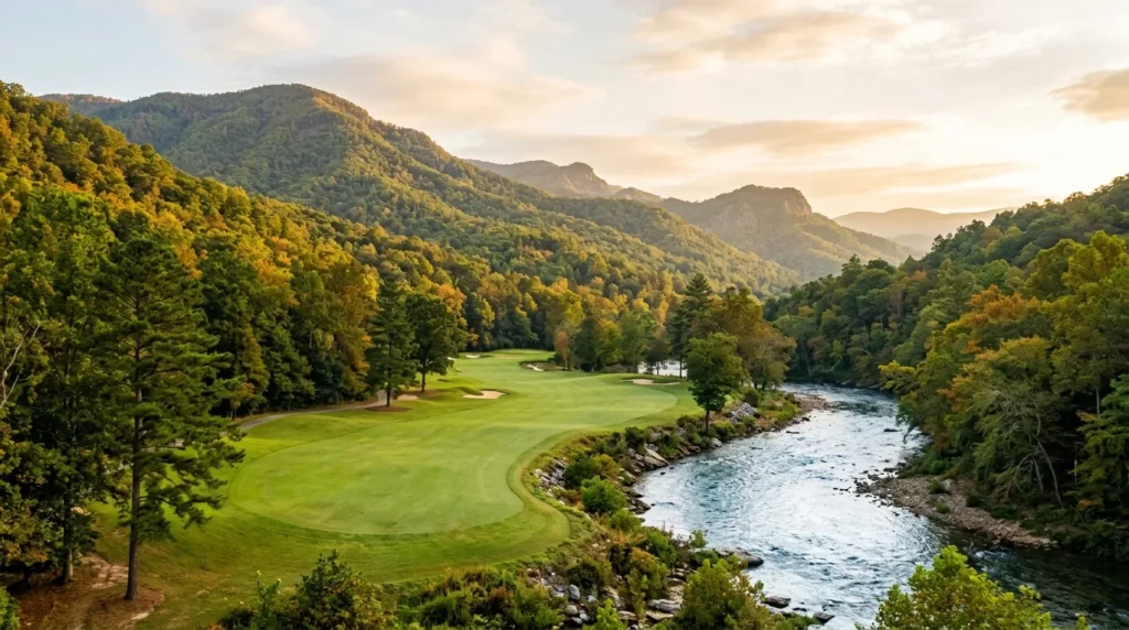A pristine golf fairway lies beside a clear, winding river, framed by lush, forested mountain foothills glowing in soft morning sunlight