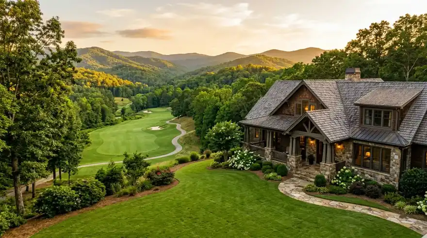 An elegant craftsman-style home with a manicured lawn overlooking a lush golf course fairway framed by distant mountain hills