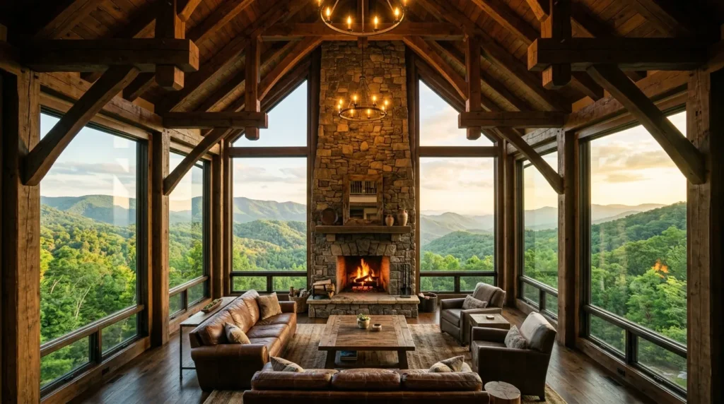 A soaring timber-beamed living room with floor-to-ceiling windows framing green mountain ridges, centered on a massive stacked-stone fireplace