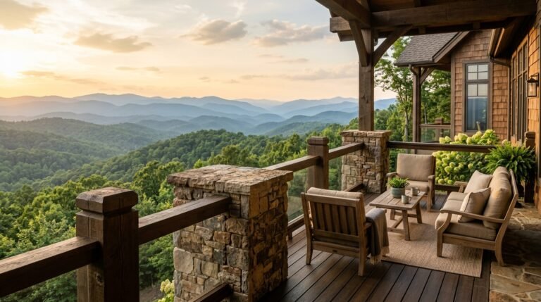 Stone and timber porch railing on an elevated ridge terrace overlooking rolling forested North Georgia hills under warm golden afternoon light, with layered mountain ridges fading to blue haze in the distance