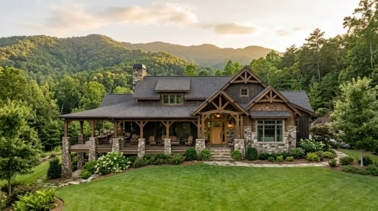 A mountain-craftsman home featuring stacked stone pillars, heavy timber accents, a sprawling covered deck, and a lush, manicured lawn