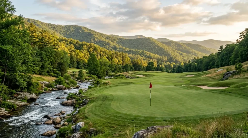 A pristine golf green with a flagstick, flanked by a rushing mountain stream and rolling, forested hills under soft morning sunlight