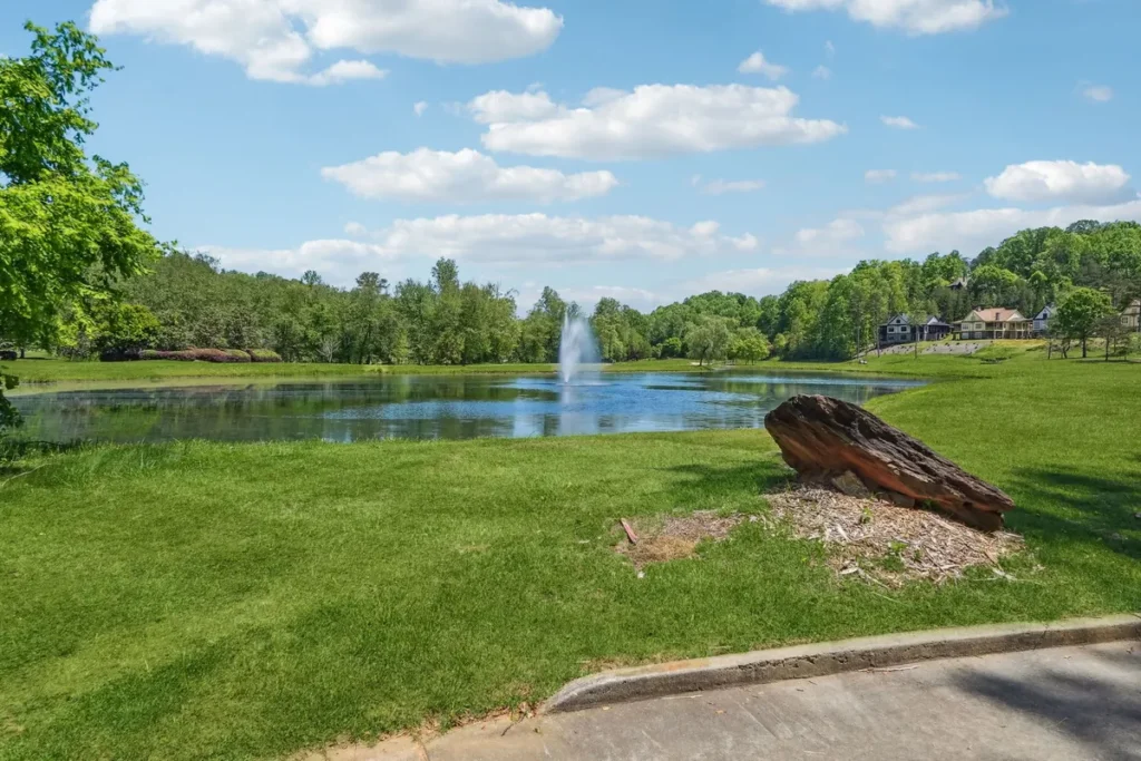 Community pond with white spray fountain, framed by hardwoods and pine; weathered driftwood log placed as garden feature on the bank; paved community road in foreground.