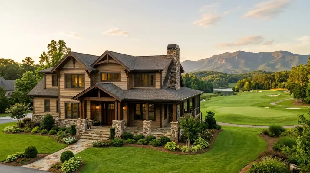 A modern craftsman home featuring stone accents, a manicured lawn, and a serene golf course green rolling into the background